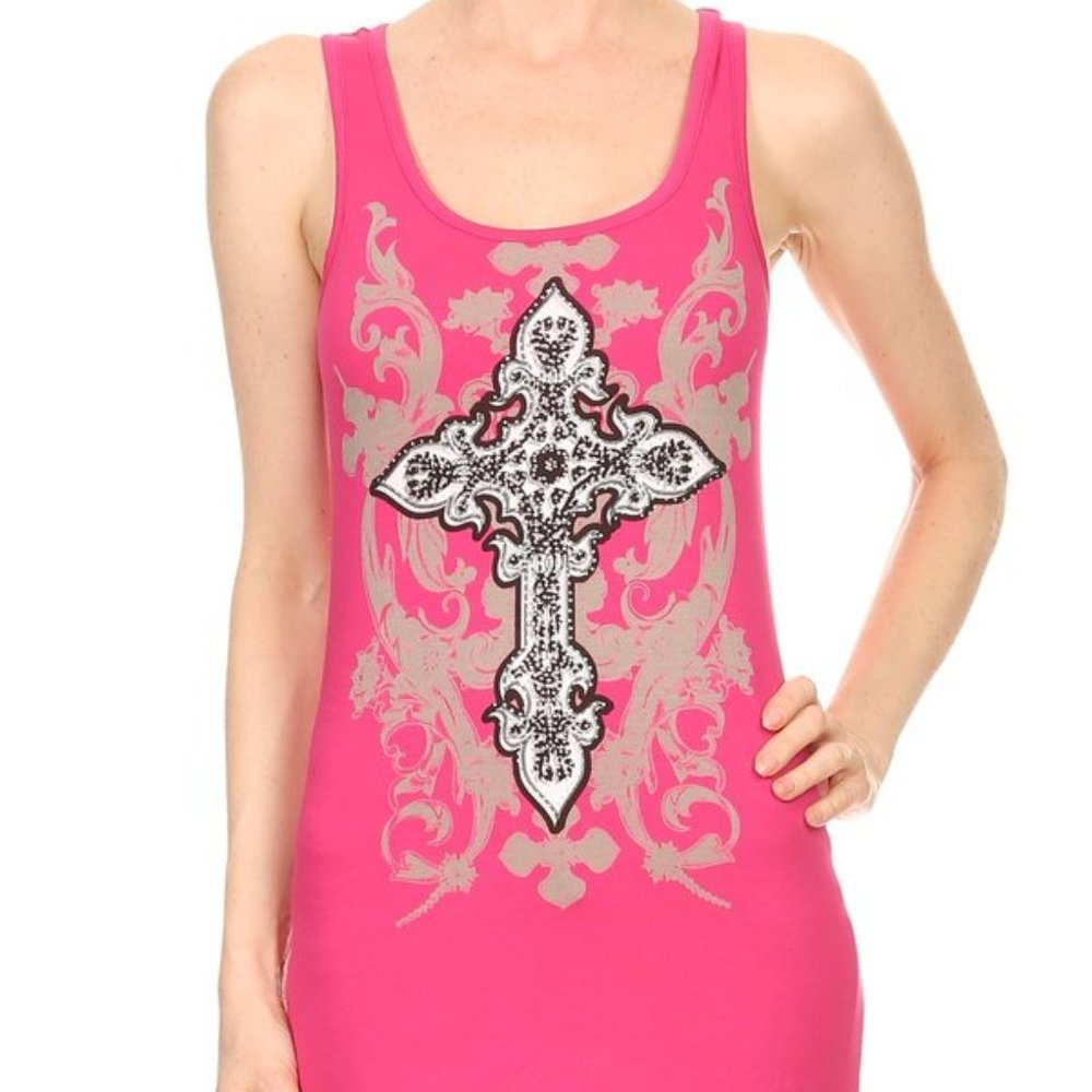 NWT LA Bus Stop Platinum Plush Pink Tank w/ Cross Front & Laces on Back